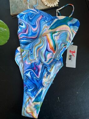 Yira colorful marbled pattern bikini  blue size Large